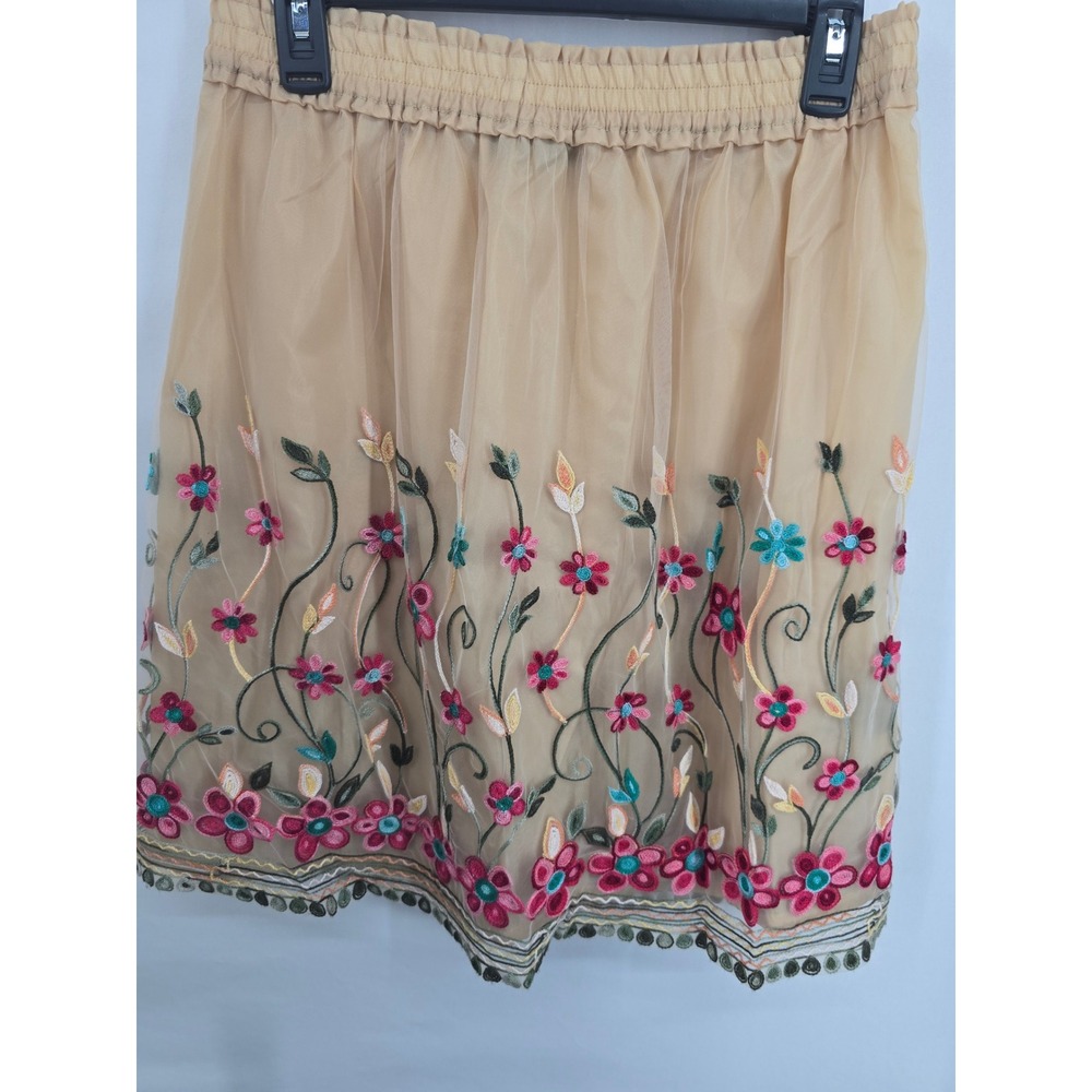 August Silk Womens Tan Beige Floral Embroidered Mesh Skirt SizeMedium Boho Skirt